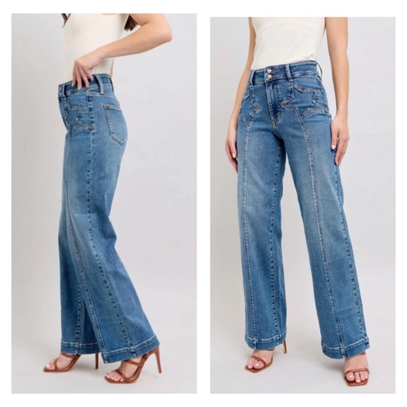 Judy Blue High Waist Double Button Star Front Seam Wide Leg Denim Jeans 14W x 32 - Picture 15 of 15